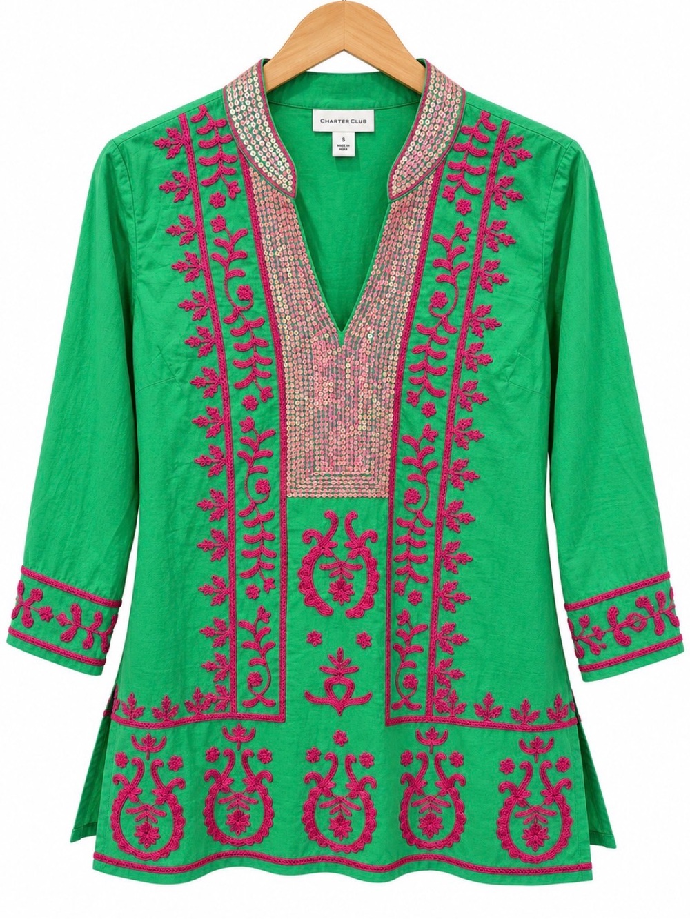 Charter Club Green Tunic with Pink Embroidery